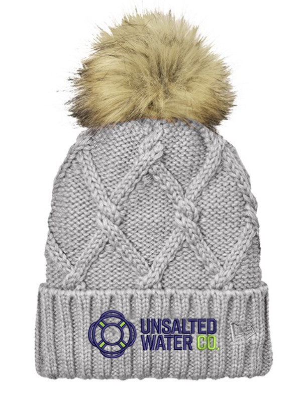 Embroidered Unsalted Water Faux Fur Pom Beanie